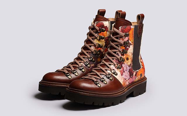 Grenson Nanette X Kitten Grayson Womens Hiker Boots in Brown Floral Leather GRS212412